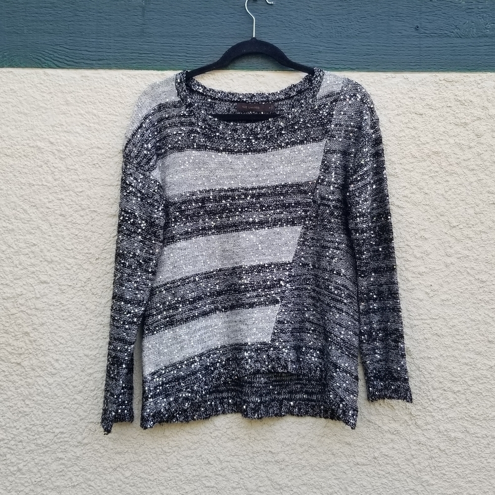 The Limited black gray silver sequin sweater asymmetric stripe small